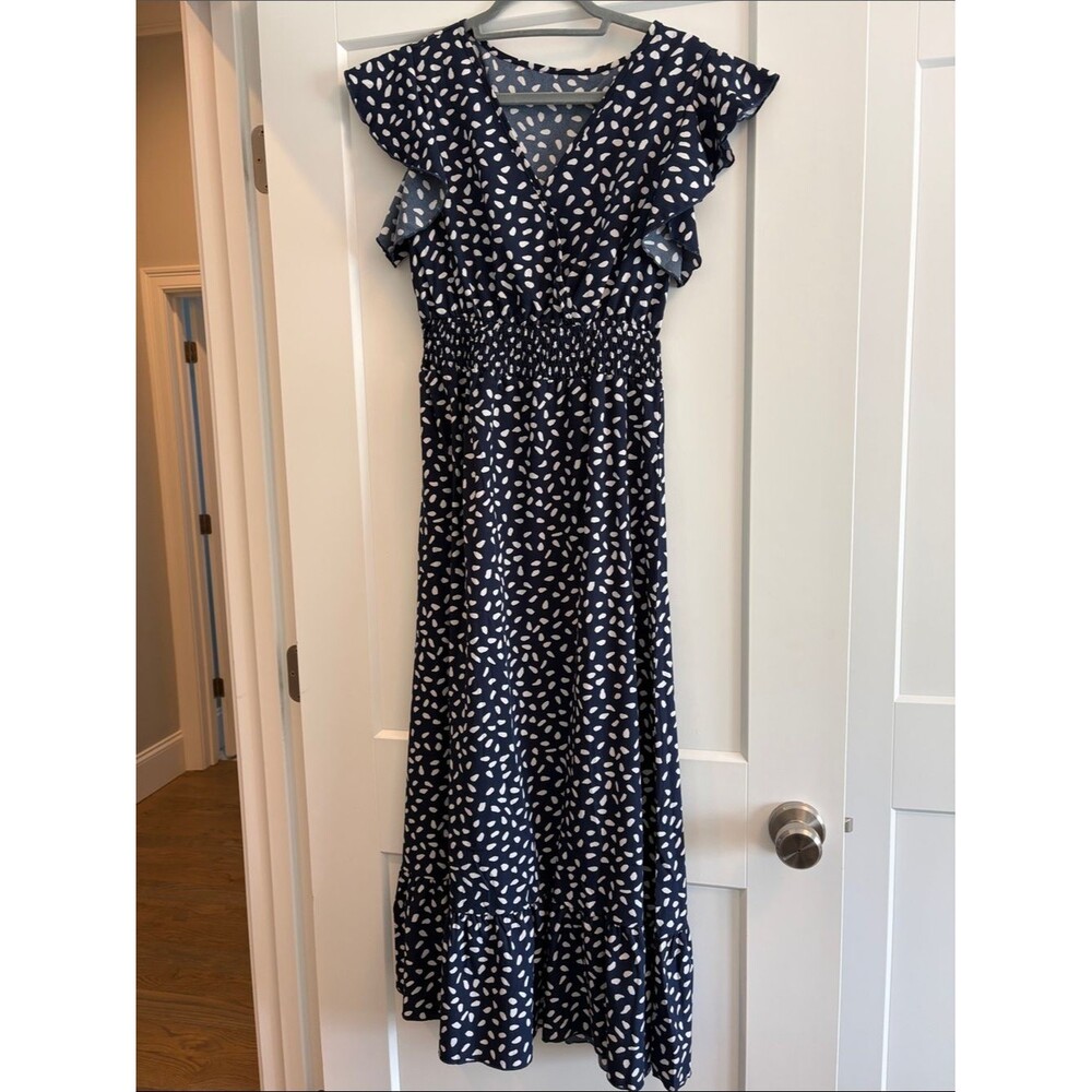 Navy Blue & White Flutter Sleeve Maxi Dress